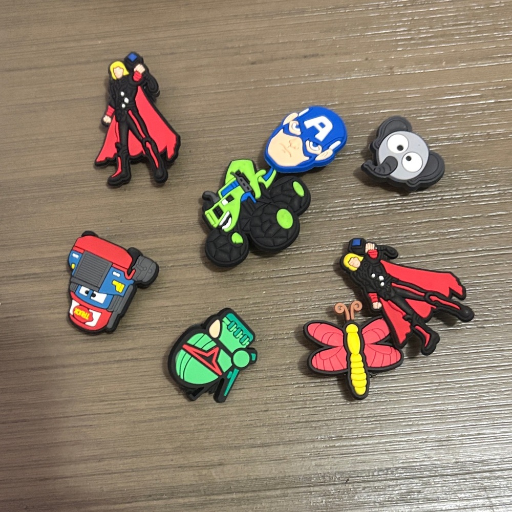 Kids Superhero and Vehicle Shoe Charms - Assorted Red, Blue, Green